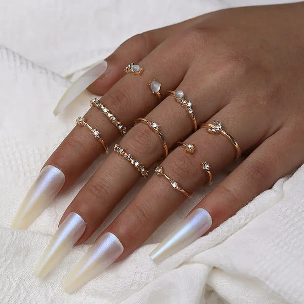 9 Pcs Vintage Gold Crystal Star Moon Rings Set for Women