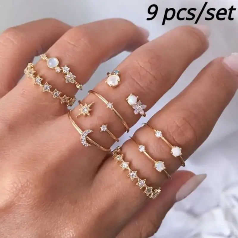 9 Pcs Vintage Gold Crystal Star Moon Rings Set for Women