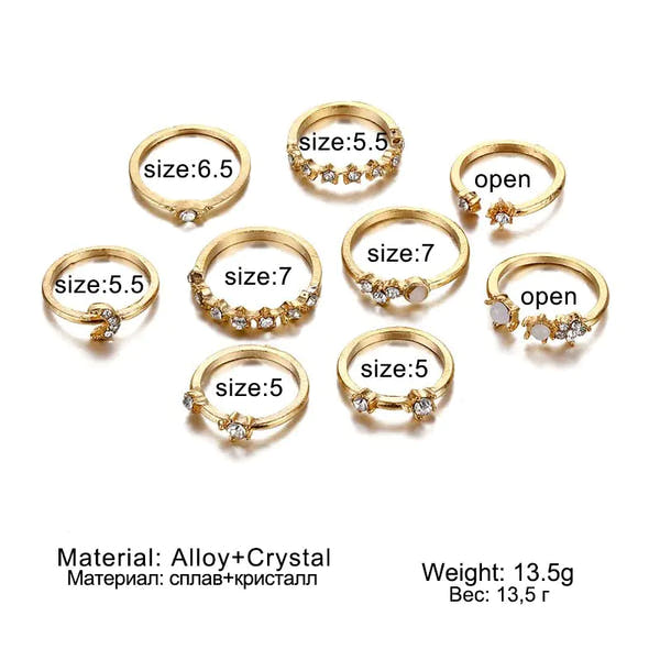 9 Pcs Vintage Gold Crystal Star Moon Rings Set for Women